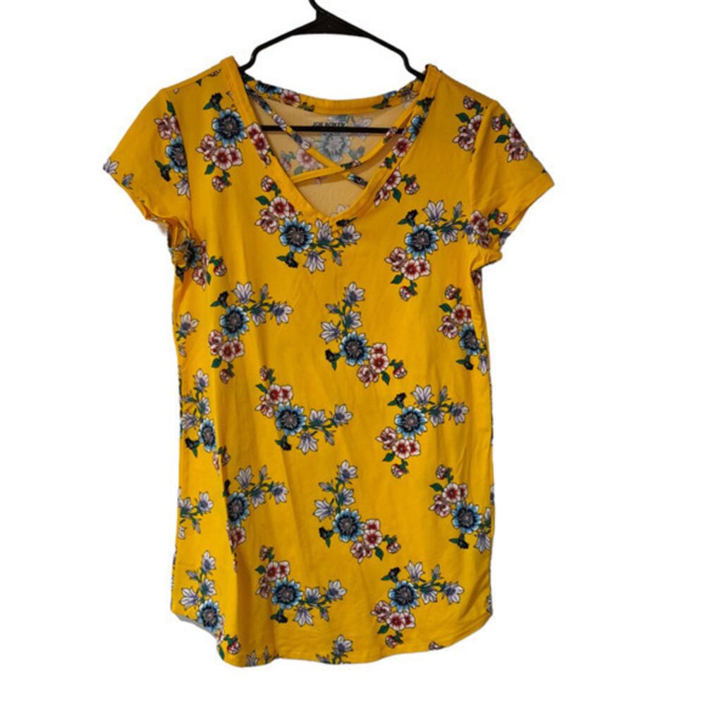Joe Boxer Womens Cap Sleeve Vneck Casual Blouse Yellow Floral Size Medium